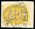 Stamp of Brazil 1854-61, 430r yellow, an appealing trio including two singles used8mint and two on piece
