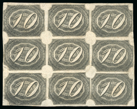 Stamp of Brazil 1846, 10r black, fine impression, a magnificent block of nine mint
