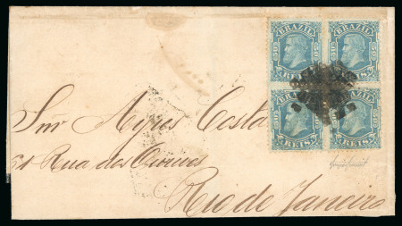 Stamp of Brazil 1881, "Small Heads", two covers: 50r block of four - single 200r