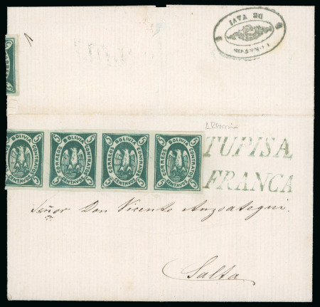 Stamp of Bolivia 1867, 5c green, second re-engraving, strip of four on cover to Argentina