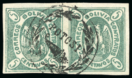 Stamp of Bolivia 1867, 5c green, pair and irregular block of 30 used