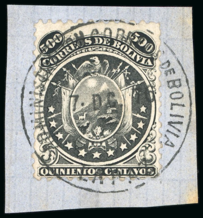 Stamp of Bolivia 1869, 500c black, eleven stars, on piece