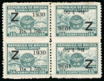 Stamp of Bolivia 1930, 1.50b on 15c green, two se-tenant "tête-bêche" surcharged pairs 