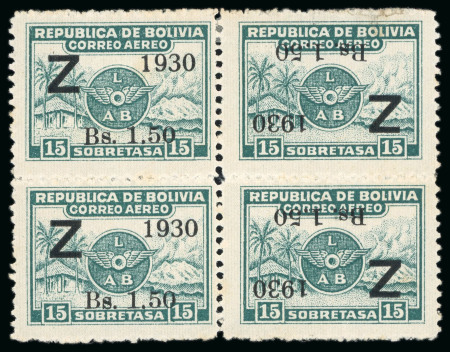 Stamp of Bolivia 1930, 1.50b on 15c green, two se-tenant "tête-bêche" surcharged pairs