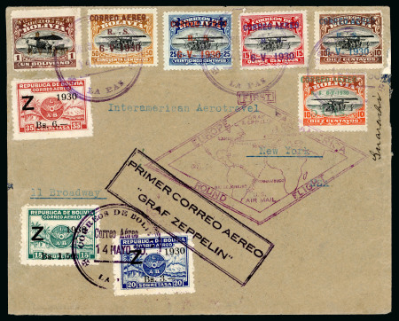 Stamp of Bolivia 1930 Zeppelin Pan-American Flight. 14 May cover with Zeppelin sets of three and six (defective)