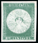 Stamp of Uruguay 1856, "Diligencia" group of five Sperati" examples,