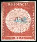 Stamp of Uruguay 1856, "Diligencia" group of five Sperati" examples,