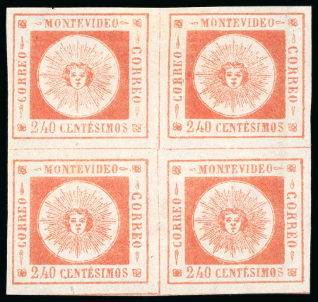 Stamp of Uruguay 1859, 240c vermilion, block of four, types 3-4 / 5-6,