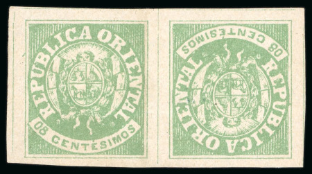 Stamp of Uruguay 1864, 8c green, tête-bêche pair, unused without gum