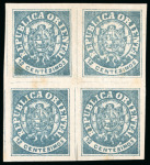 Stamp of Uruguay 1864, 12c slate blue and 12c pale blue, two unused blocks of four