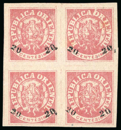 Stamp of Uruguay 1866, 20c on 6c, well-margined block of four with original