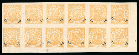 Stamp of Uruguay 1866, 15c on 10c ocher, bottom right corner horizontal block of 12
