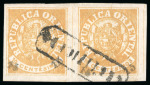 Stamp of Uruguay 1866, Surcharged "Escuditos" trio including 10c on
