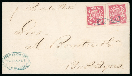 Stamp of Uruguay 1864, 6c rose, two large margined examples on cover