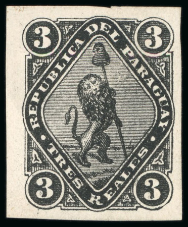 Stamp of Paraguay 1870, 3r black, two examples, of which one unused without