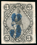 Stamp of Paraguay 1878, 5c on 3r black, blue surcharge, very lightly cancelled