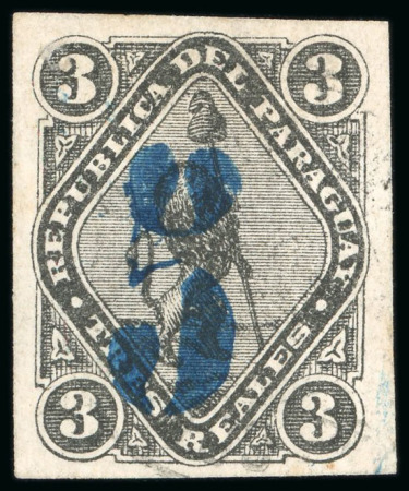 Stamp of Paraguay 1878, 5c on 3r black, blue surcharge, very lightly cancelled