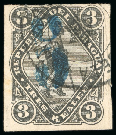 Stamp of Paraguay 1878, 5c on 3r black, blue surcharge, used