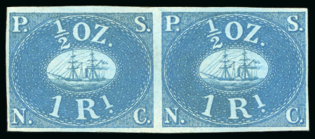 Stamp of Peru 1857, 1r blue on bluish paper, a mint horizontal pair