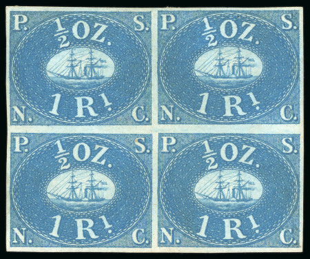 Stamp of Peru 1857, 1r blue on bluish paper, a magnificent mint block of four  