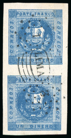 Stamp of Peru 1858, 1d blue, vertical pair showing types 11 & 10,