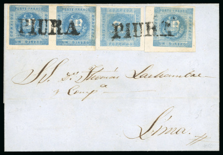 Stamp of Peru 1858, 1d blue, pair and two singles on cover from Piura