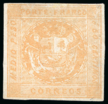 Stamp of Peru 1858, 1/2p yellow-buff, transfer type B, mint