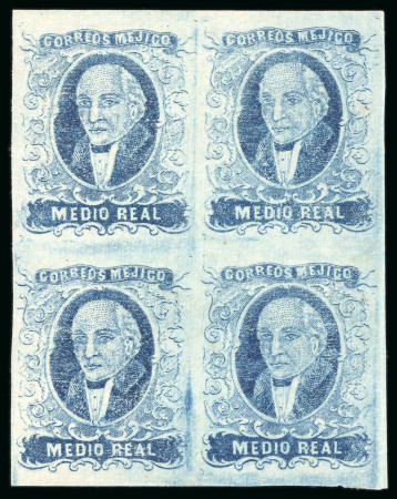 Stamp of Mexico 1856, 1/2r blue without overprint, a large margined