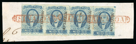Stamp of Mexico 1856, 1/2r blue, "Mazatlan", strip of four on piece used at Sinaloa