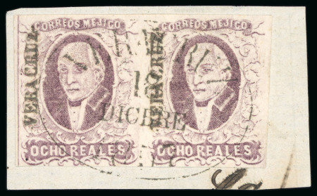 Stamp of Mexico 1856, 8r violet, "Vera Cruz", a very fresh pair showing