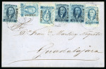 Stamp of Mexico 1856, 1/2r blue, "Mexico", six examples in two different shades