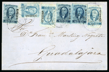 Stamp of Mexico 1856, 1/2r blue, "Mexico", six examples in two different shades