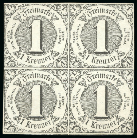 Stamp of German States » Thurn and Taxis 1852-58, 1kr black on olive-grey, a very fresh mint block of four