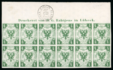 Stamp of German States » Lubeck 1859, 4s dark green, horizontal block of twelve, sheet