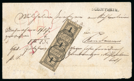 Stamp of German States » Baden 1851-58, 1kr black on yellow-brown, vertical strip of three on entire letter