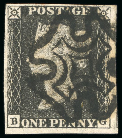 Stamp of Great Britain 1840, 1d greyish black pl.7 BG, with fine to large margins, cancelled by crisp Maltese Cross in black