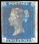 Stamp of Great Britain 1840, 2d blue pl.1 LL, with fine to large margins, cancelled by Maltese Cross in red