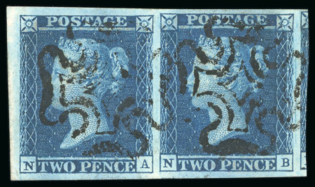 Stamp of Great Britain 1841, 2d blue pl.3, NA-NB pair with very good to very large margins, neatly cancelled by Maltese crosses in black