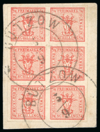 Stamp of German States » Mecklenburg Schwerin 1856, 6/4s vermilion, vertical block of six designs, used on piece