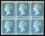 Stamp of Great Britain » 1854-70 Perforated Line Engraved 1858-76, 2d blue pl.9 ID/JF mint o.g. block of six