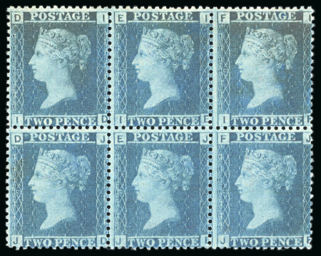 Stamp of Great Britain » 1854-70 Perforated Line Engraved 1858-76, 2d blue pl.9 ID/JF mint o.g. block of six