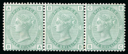 Stamp of Great Britain » 1855-1900 Surface Printed » 1873-80 Large Coloured Corner Letters 1873-80 1s green pl.13 mint strip of three with light