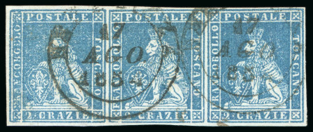 Stamp of Italian States » Tuscany 1851, 2cr light blue on greyish, used strip of three