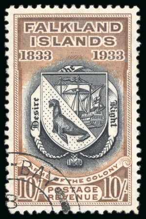 Stamp of Falkland Islands 1933 Centenary 10s used with neat partial cancel of Fox Bay double circle ds