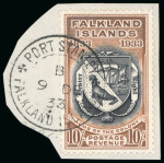 Stamp of Falkland Islands 1933 Centenary 10s tied to small piece by complete Port Stanley double circle ds