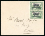 Stamp of Falkland Islands 1933 Centenary 10s tied to small piece by complete Port Stanley double circle ds