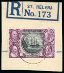 Stamp of St. Helena 1934 Centenary 2s6d, 5s and 10s used on individual pieces with light cds cancels