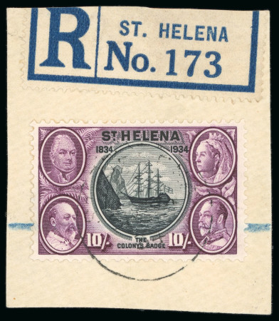 Stamp of St. Helena 1934 Centenary 2s6d, 5s and 10s used on individual pieces with light cds cancels