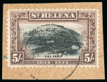 Stamp of St. Helena 1934 Centenary 2s6d, 5s and 10s used on individual pieces with light cds cancels