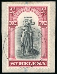 Stamp of St. Helena 1934 Centenary 2s6d, 5s and 10s used on individual pieces with light cds cancels